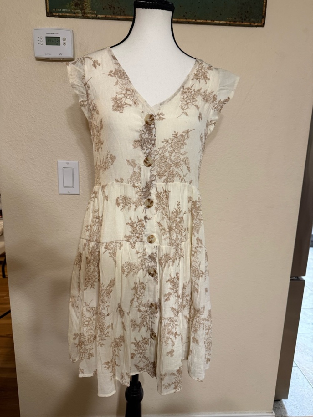 Floral Button-Front Cream Summer Dress